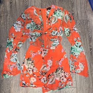 Orange floral print romper